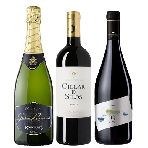 Estuche Madera 3 Botellas: 1 Bot. Cava Rovellats + 1 Bot. Cillar de Silos Crianza + 1 Bot. Godello Ponte da Boga